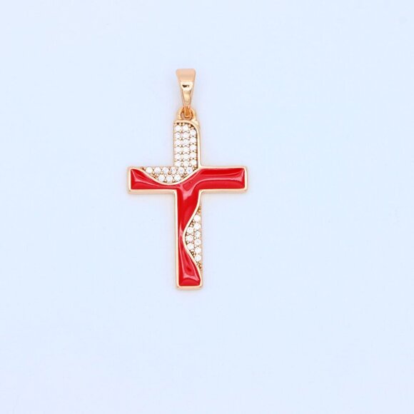"Rose Gold Cross Pendant with Red Enamel and CZ Stone Detailing, XPPT1399 - Picture 11 of 13